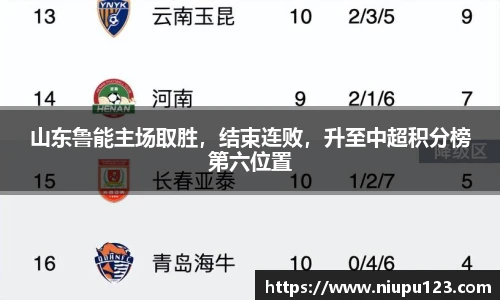 山东鲁能主场取胜，结束连败，升至中超积分榜第六位置